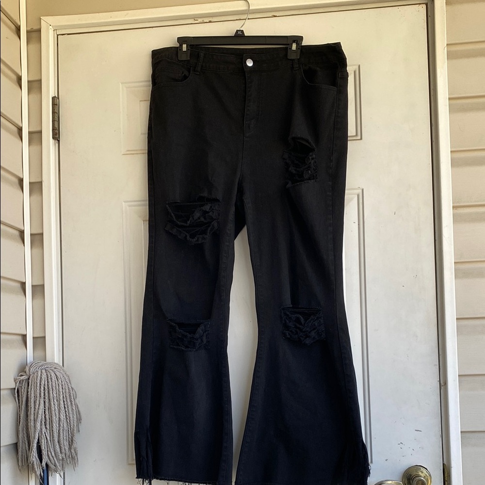 Black Distressed Wide-Leg Jeans